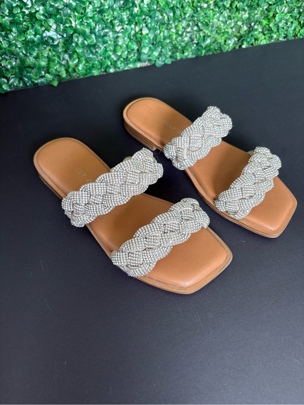 Sincerely Jules Braided Rhinestone Double-Strap Slip on Sandals - Silver on Tan